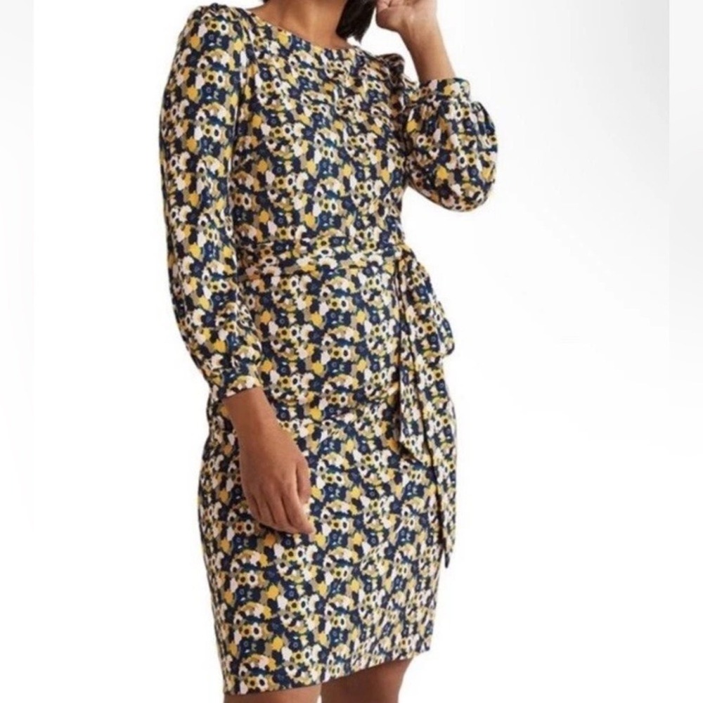Boden Jersey Mod Tie Floral Shift Dress‎ Yellow Blue Size 16/18